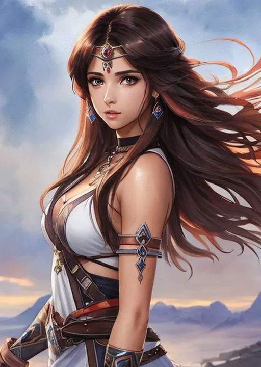 Prompt: a Fire Emblem watercolor concept art with Naomi Scott, brown hair, jumping in tribal cueitl, parted bangs, brown eyes, ethereal, jewelry set balayage wild hair, royal vibe, highly detailed, digital painting, Trending on artstation , HD quality, tan skin, Big Eyes,artgerm,by yoshitaka amano