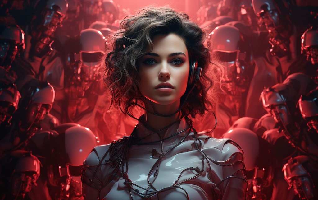 Prompt: a woman is surrounded by many robots in an industrial setting, in the style of realistic hyper-detailed portraits, synthwave, light cyan and red, photo-realistic