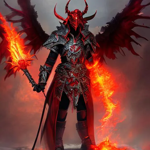 Prompt: Demon, burning hands, enormous red horns, black plate armor, battlehammer in hand, fire wings, D&D character, charakter design, realistic, detailed