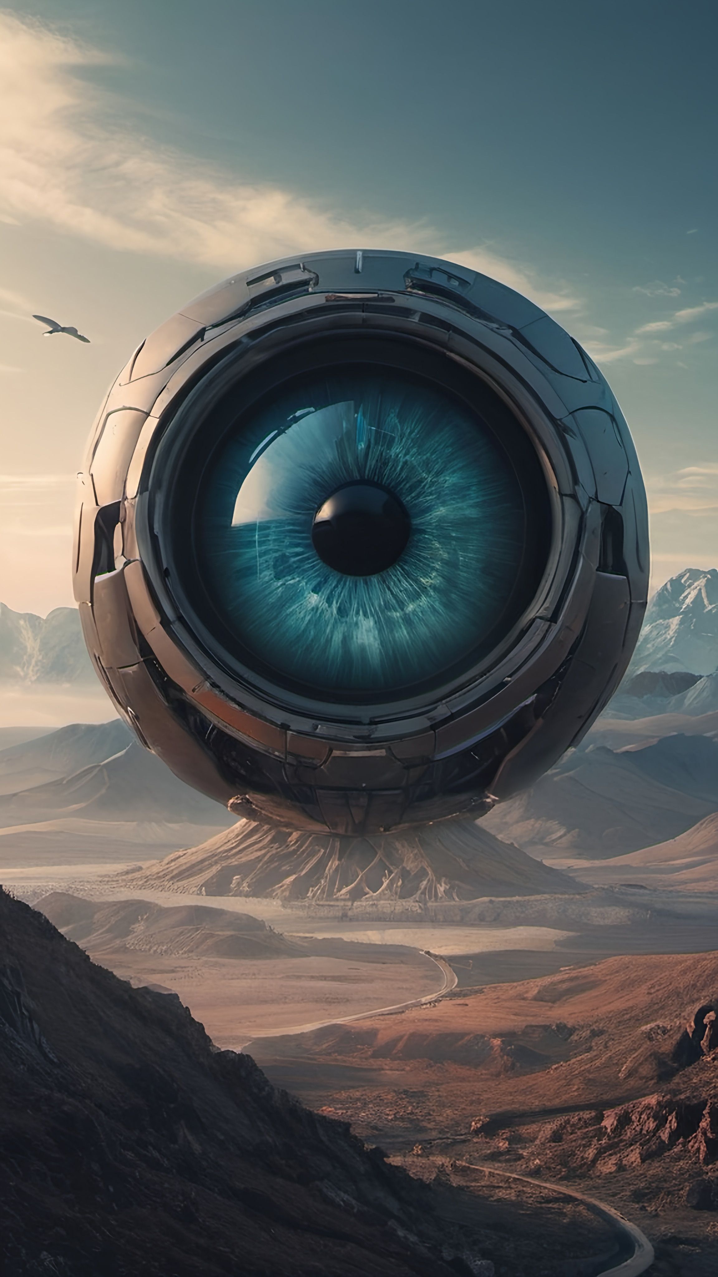 Prompt: a large blue eyeball floating over a mountain range in the sky and a bird flying over the mountain
