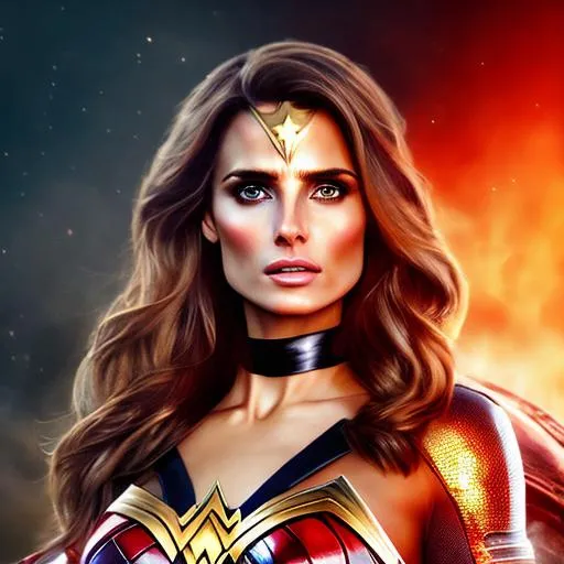 Prompt: Stana Katic,Wonder Woman,intrincate,elegant,sharp focus,perfect face,perfect eyes,full body,highly detailed,artstation,conceot art,matte,lifelike 4d illustration,art by artgerm and Shannon Maer,8k,realistic