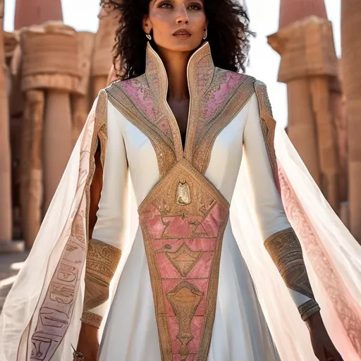 Prompt: A women's wedding dress with heritage and pharaonic inscriptions, pink in color and golden pharaonic inscriptions, mixed with a modern cut, worn by a beautiful woman