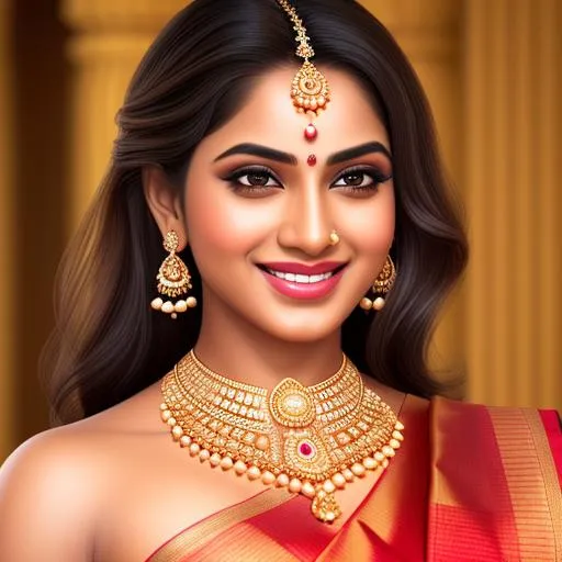 Prompt: long shot super detailed lifelike illustration, intricately detailed, dramatic lighting, large muscles, gorgeous detailed face, wearing saree, girl with traditional look, elegant. godess, beautiful, loving, pretty, royal looking beautiful smile,