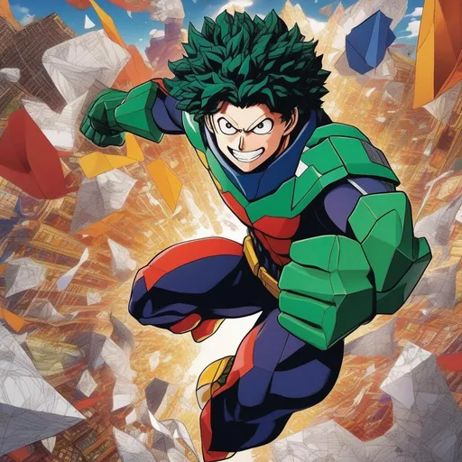 Prompt: A My Hero Academia superhero ((in a dynamic fighting pose)), capable of manipulating and creating paper ((with intricate origami patterns unfolding from their hands)). The superhero ((is surrounded by towering paper giants)), each one representing a different aspect of their power, ((with vibrant colors and intricate details)). The scene is set in a vibrant cityscape, ((bathed in the golden hues of sunset)), with skyscrapers ((reaching towards the sky)) and bustling streets below. The superhero's costume ((is sleek and modern)), with a combination of metallic accents and a futuristic design ((emphasizing their power and agility)). Sparks of energy crackle around their fingertips as they control the paper, creating an aura of anticipation and power.