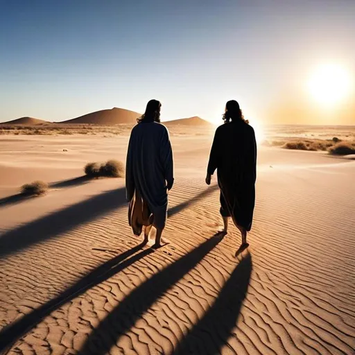 Prompt: real picture of jesus and a fellow walking in the sand, side photo, on the left side, long shadow, sunrise