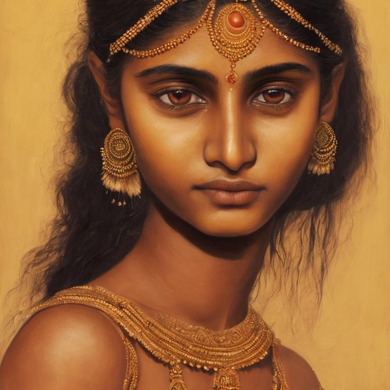 The portrait depicts a young Indian woman with flawl...