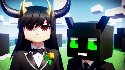 Prompt: Ranboo, Enderman, minecraft, dreamsmp, dsmp, half white, half black, green and red, green eyes, red eyes, green and red eyes, black suit, suit, black hair, yellow crown, crown, horns, black horn, white horn, black and white horns, male, guy