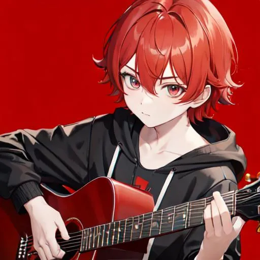 Prompt: Zerif 1boy (Red side-swept hair covering his right eye) as a child learning how to playing a guitar UHD, 8K, highly detailed,