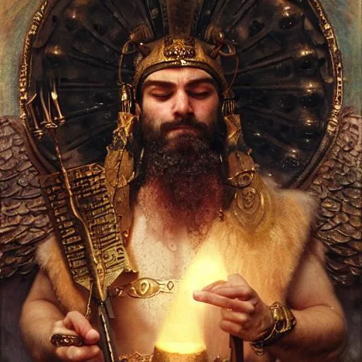 Prompt: portrait of Babylonian god marduk, jupiter, techno mystic invocation, detailed, by gaston bussiere, bayard wu, greg rutkowski, maxim verehin, greg rutkowski, masterpiece, sharp focus, black metal, ep repka, Dante Gabriel Rossetti, ritual, chaos punk, art by John William Godward