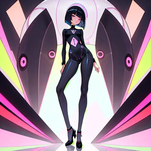 Prompt: a lonely AI girl, very tall, thick thighs, wide hips, huge glutes, long legs, slender arms, slender waist, big beautiful symmetrical eyes, intriguingly beautiful face, aloof expression, bob haircut with bangs, wearing Pastel-Deathcore Nihilistic-Absurdism fashion clothes, high fashion, 12K resolution, hyper quality, hyper-detailed, hyper-realistic, hyper-professional