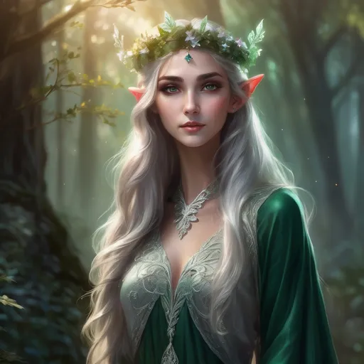 Prompt: Adult slim female elf royalty, graceful posture, ethereal elegance, adorned in intricate silver and emerald robes, wearing a delicate crown, long flowing hair adorned with flowers, serene expression, surrounded by enchanted forest backdrop, magical soft lighting highlighting her features, enchanting atmosphere, mystical aura, ultra-detailed, high quality.