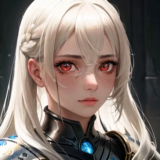 Prompt: "A close-up photo of a female knight with dark armour, predator like red eyes, in hyperrealistic detail, with a slight hint of loneliness in her eyes. Brown skin. Her face is the center of attention, with a sense of allure and mystery that draws the viewer in, but her eyes are also slightly downcast, as if a sense of loneliness is lingering in her thoughts. The detailing of her face is stunning, with every pore, freckle, and line rendered in vivid detail, but the image also captures the subtle emotions of loneliness that might lie beneath her surface"