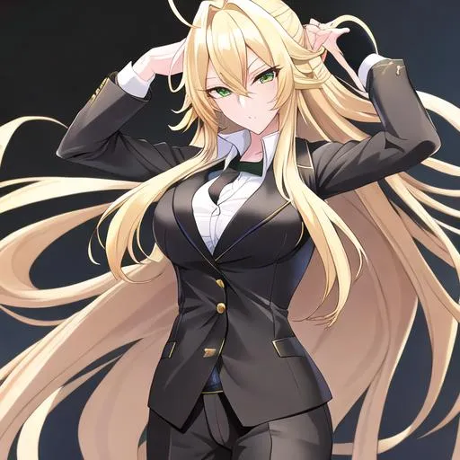 Prompt: Kazumi 1female. Long Blonde hair that stops at her shoulders. Sharp and lively green eyes. Wearing a  sleek and stylish ensemble, with a tailored blazer, crisp button-up shirt, and fashionable trousers. UHD
