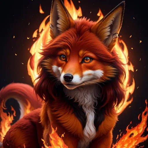 Prompt: (8k, 3D, UHD, ultra sharp, very detailed, masterpiece, detailed oil painting) portrait of fire elemental ((fox)), (canine quadruped), adolescent female, silky crimson-red fur, emerald green eyes, 8k eyes, youthful, lively, lithe, black fur highlights, long silky hair on crest, (plump), plump figure, umber red mane, solid red belly, beautiful charming grin, graceful, by Anne Stokes, by Yuino Chiri, magic fur streaks, vivid colors, vibrant, beautiful blunt nose, global illumination, wispy brown ears, wispy ruby-red mane flowers on fur, snow-capped trees, complementary colors, cinematic, forest, rows of pink blossoming sakura trees, billowing mane, professional, unreal engine, dynamic, highly detailed, detailed smiling face, 4k, 64k, UHD