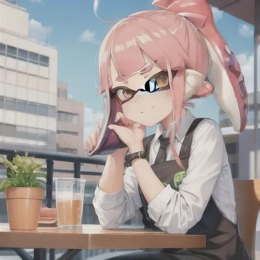 Prompt: splatoon inkling girl sitting in cafe