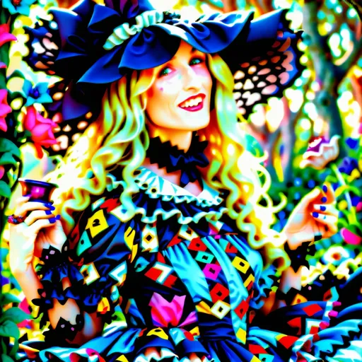 Prompt: Goth mystical  kawaii gypsy woman in the style of Alice in Wonderland, vibrant and whimsical color palette, dreamy and surreal atmosphere, detailed floral patterns, flowing and ethereal fabrics, high quality,  big doe blue eyes , Alice in Wonderland style, vibrant colors, whimsical, surreal, detailed patterns, ethereal fabrics, dreamy atmosphere, kawaii, gypsy