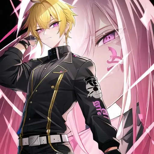 Prompt: Male (short yellow hair) pink vertical line tattoo's on his chest, skull tattoo on his arm, black pants with a skull belt

highly detailed face, 8K, Insane detail, best quality, UHD, Highly detailed, insane detail, high quality. 