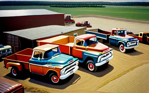 Prompt: A wide angle longshot of Vintage GMC Trucks at a jobsite 