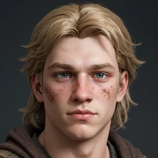 Prompt: hyper-realistic 14 year old human male, he has long dirty blond hair, he has beige skin, he has an oval face, he has hazel close set eyes, he is obese, he has fat round cheeks, his face is covered in very large acne and black heads, he has a large scar on his face, he has very dark under eye circles, also he has very puffy under her eyes, he has super oily skin and hair, he has a very large wide set nose, he has very pale mouth, he has acne scars that have left pock marks in his skin, fantasy character art, illustration, dnd,