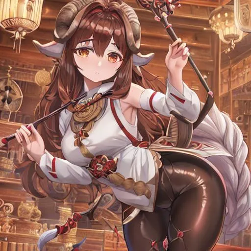 Prompt:  beautiful intricate Brown hair, bent over, ram ears, short goat horns, holding staff, symmetrical, concept art, digital painting, looking into camera, square image, shimmer in the air, leggings, anime eyes