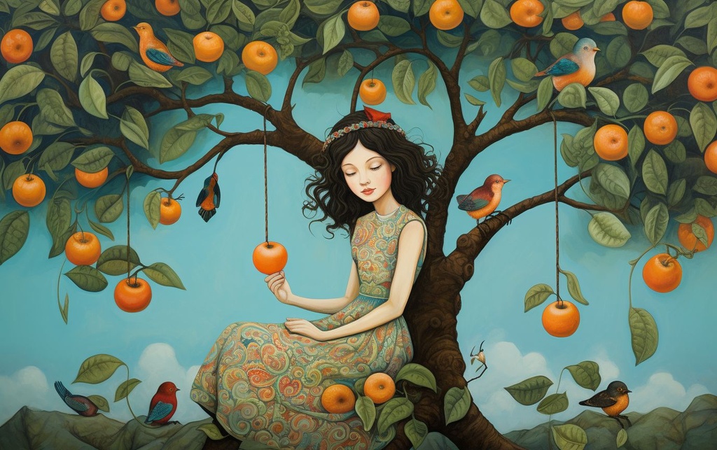Prompt: one woman is in the tree looking at different fruits, in the style of aaron jasinski, joyful whimsicality, emek golan, turquoise and orange, playfully intricate, haifa zangana, childhood arcadias