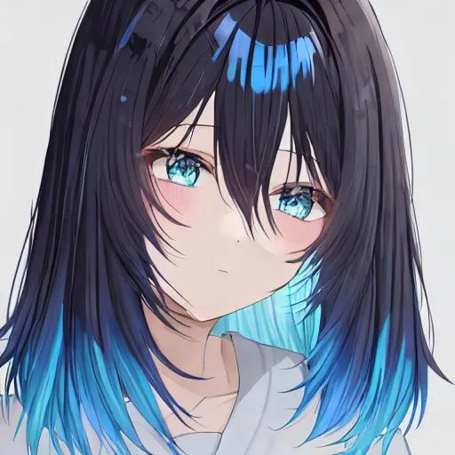 Prompt: Anime girl hair that is black then fade into light blue 