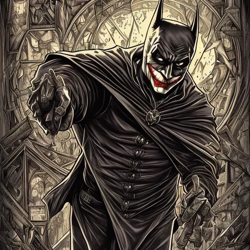 Prompt: comic style artwork, highly detailed, Hogwarts, realistic, symmetrical, Batman, Joker, comic book cover, symmetrical, vibrant
