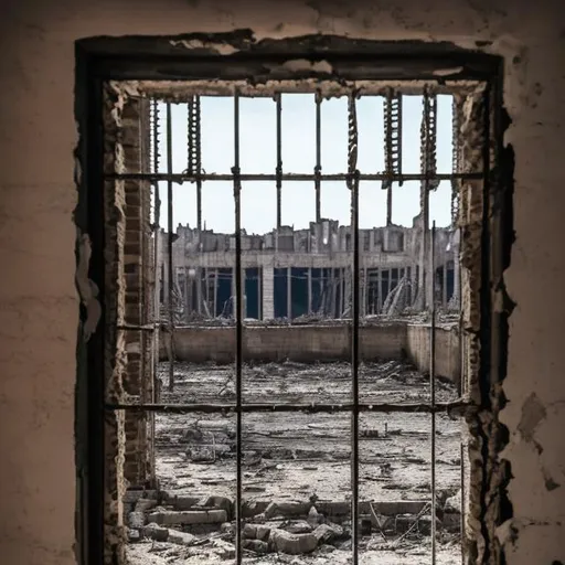 Prompt: destroyed city after the war, a view of a destroyed window of a prison with prison bars. real photo. hd. GENERAL PLAN. vertical photo