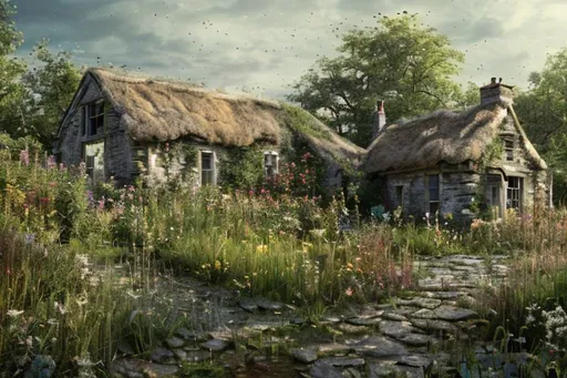 Prompt: long shot scenic professional photograph of ruined cottage in a garden, perfect viewpoint, highly detailed, wide-angle lens, hyper realistic, with dramatic sky, polarizing filter, natural lighting, vivid colors, everything in sharp focus, HDR, UHD, 64K