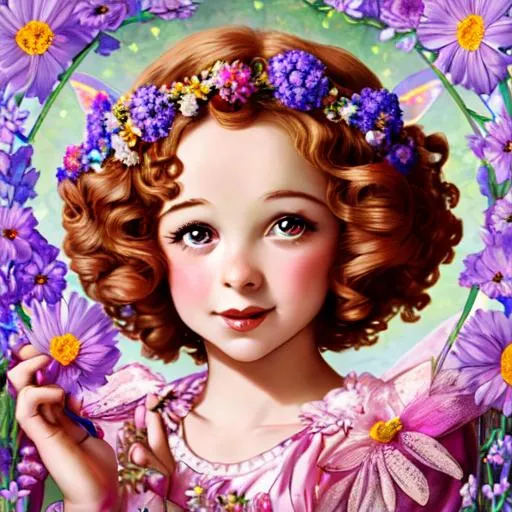 Prompt: yoing Shirley Temple as a fairy goddess of aummer,wildflowers, closeup