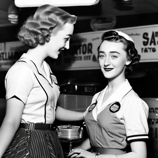 Prompt: Saoirse Ronan as a 1950s era carhop serving some customers.