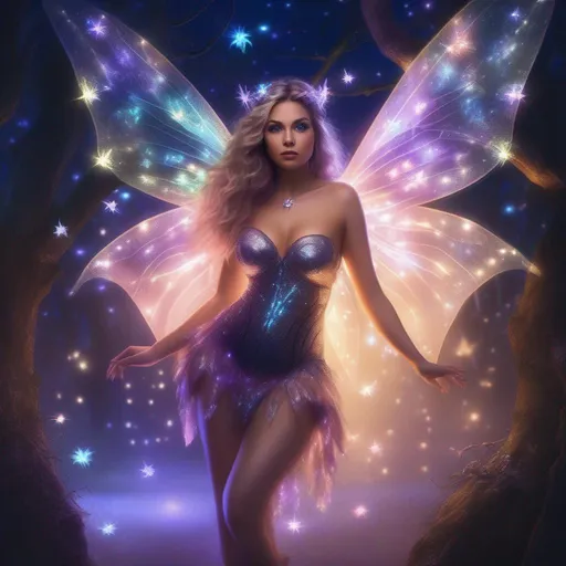 Prompt: hyper realistic, beautiful, full body view of a , buxom woman,  a fairy witch, in a glowing, sparkly, skimpy outfit on a breathtaking night with flying fairies around.