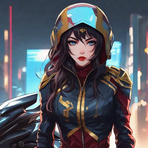 Prompt: two thirds body profile, anime style, a cute young female vistani arcane trickster rogue, burgundy eyes pupils and lips:6, pale skin, long wavy black hair with a blue stripe, skinny, punk clothes, holding a motorcycle helmet confident expression, wearing a gold inlaid hood, standing next to a motorcycle, two thirds body, combination of burgundy and red and gold and black color scheme, pretty and innocent looking, fierce, devious, dangerous, bad girl, style of courier, cool nighttime tokyo city atmosphere, style of vampire, manga style, style of Studio Ghibli, extremely detailed print by Hayao Miyazaki,