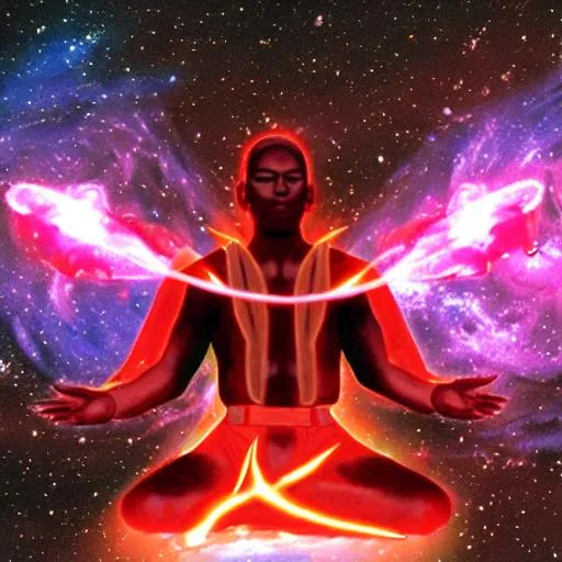 Prompt: A Brown skin sage sits in the full Lotus position. Wearing black and red Jedi robes As solar flare emissions radiates. From his body. And he is surrounded by a Galactic nebula.