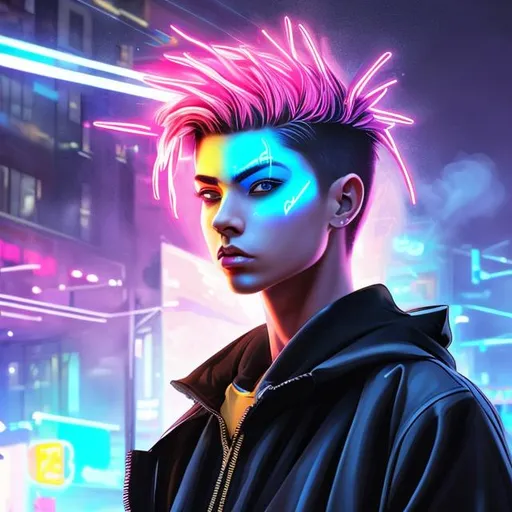 Prompt: neon punk male. mysterious man. insanely beautiful. perfect anatomy. symmetrically perfect face. amber eyes. hyper realistic. super detailed. soft colours. no extra limbs or hands or fingers or legs or arms. standing on the street. smooth texture. realism. smoke effects. full body. 