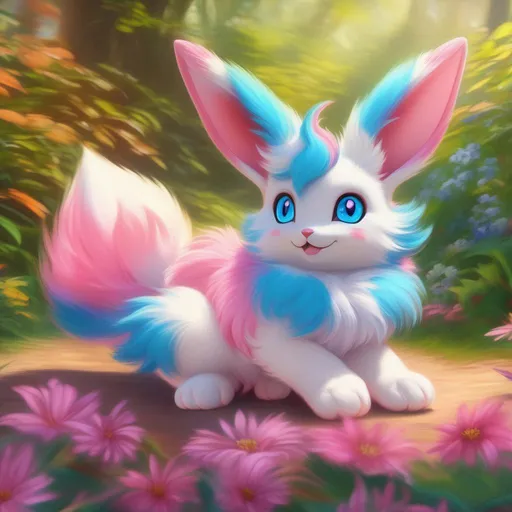 Prompt: (Sylveon), realistic, photograph, epic oil painting, (hyper real), furry, (hyper detailed), extremely beautiful, (on back), sprawled, paws in the air, playful, UHD, studio lighting, best quality, professional, ray tracing, 8k eyes, 8k, highly detailed, highly detailed fur, hyper realistic creamy fur, canine quadruped, (high quality fur), fluffy, fuzzy, full body shot, zoomed out view of character, hyper detailed eyes, perfect composition, ray tracing, masterpiece, trending, instagram, artstation, deviantart, best art, best photograph, unreal engine, high octane, cute, adorable smile, lying on back, flipped on back, lazy, peaceful, (highly detailed background), vivid, vibrant, intricate facial detail, incredibly sharp detailed eyes, incredibly realistic golden retriever fur, concept art, anne stokes, yuino chiri, character reveal, extremely detailed fur, sapphire sky, complementary colors, golden ratio, rich shading, vivid colors, high saturation colors, nintendo, pokemon, silver light beams