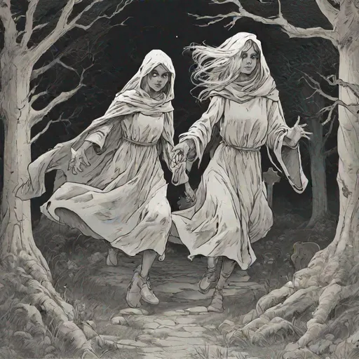 Prompt: D&D art, ghost 2 young girls skipping graveyard 
