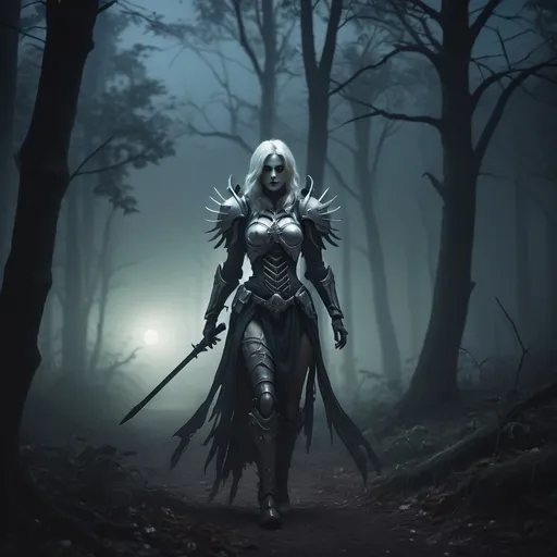 Prompt: Undead Mercy walking through eerie forest at night, subtle moonlight, eerie fog, high-quality, realistic, spooky, cool tones, haunting atmosphere, detailed armor, ethereal glow, misty forest, atmospheric lighting