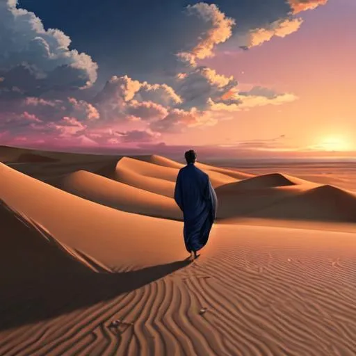 Prompt: Sketch a beautiful 4k a sand dune with a man covered in a navy blue kaftan walking on them and trash and a landfill full of clothes in the foreground at sunset with a few clouds in the sky in comicstyle




