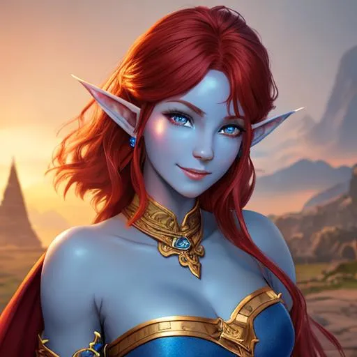 Prompt: oil painting, D&D fantasy, blue-skinned-elf girl, blue-skinned-female, slender, beautiful, short fiery red hair, wavy hair, smiling, pointed ears, looking at the viewer, cleric wearing intricate adventurer outfit, #3238, UHD, hd , 8k eyes, detailed face, big anime dreamy eyes, 8k eyes, intricate details, insanely detailed, masterpiece, cinematic lighting, 8k, complementary colors, golden ratio, octane render, volumetric lighting, unreal 5, artwork, concept art, cover, top model, light on hair colorful glamourous hyperdetailed medieval city background, intricate hyperdetailed breathtaking colorful glamorous scenic view landscape, ultra-fine details, hyper-focused, deep colors, dramatic lighting, ambient lighting god rays, flowers, garden | by sakimi chan, artgerm, wlop, pixiv, tumblr, instagram, deviantart