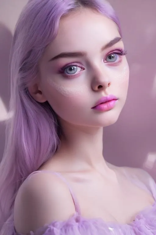 Prompt: Beautiful lady wearing lilac dress, anime, fined features, 8K, fair and glossy skin, big eyes, light makeup, fashion jewelry, baby pink lips, no marks/scratches on face, clear and clean skin