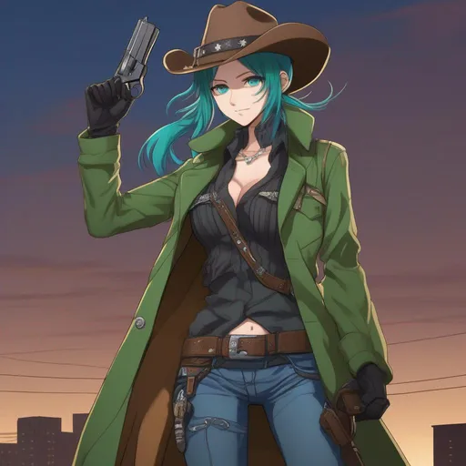 Prompt: She has a long, distinctive neon-green that fades to neon-blue hair in a ponytail, green and blue heterochromia eyes left eye green, right eye blue, wearing a long brown coat, grey vest, denim pants, black cowboy boots, holding a pistol, wearing a brown sheriff's cowboy hat, 8k, UHD, heavily detailed, anime style
