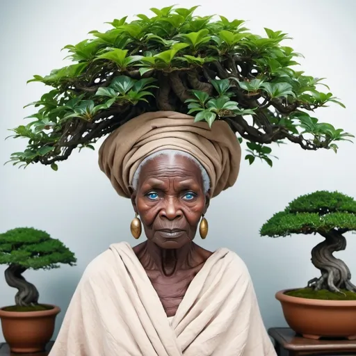 Prompt: African old lady witch, her body cloth with green leave , blue eyes, wrinkled face and giant bonsai tree coming from her head  