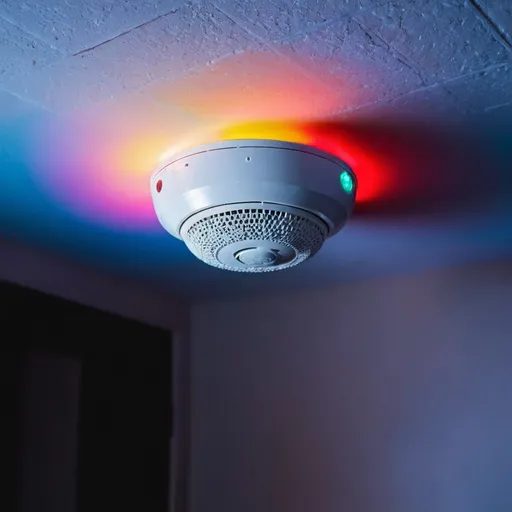 Prompt: a smoke detector in a dark room with multicolored led lights on the side and a small discoball on the upper cover