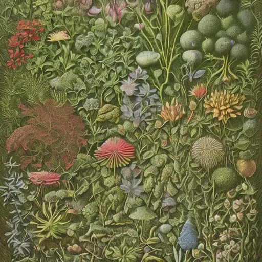 Prompt: An extremely high quality hd, a drawing of a group of plants and animals, an illustration of nettles, by earnst haeckel, deviantart, folk art, photo illustration, woodcut, 8 k, ultra realistic, very realistic