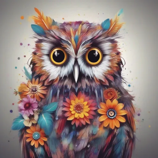 Prompt: a colourful owl with feathers made out of flowers in a painted style