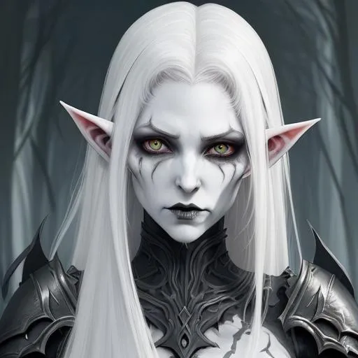 Prompt: Character illustration of a sinister female elf revenant looking for vengeance. She has a beautiful face ruined by death. Her features are gaunt and sunken with hollow cheeks. She looks starved. She is pale and pallid with a deathly pallor. She is skinny and bony and skeletal. Her hair is white. Her eyes are white. Her ornate heavy armour is silver but looks ancient and weathered, rusted in places.  She looks mysterious and sinister surrounded by shadows, gloom, and ghosts. Fantasy art with a gothic horror style. Ultra high definition image. HD. Professional art. 