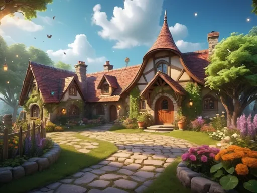 Prompt: (house makeover concept), Cottage meets School of Magic theme, picturesque cottage, mystical elements, warlock, enchanted forest surroundings, whimsical details, ivy-covered stone walls, enchanted garden, glowing fairy lights, cozy nooks, colorful blooming flowers, charming arched doorways, cobblestone pathway, spellbooks and potion bottles, warm and inviting ambiance, sunlight filtering through the trees, high-quality, ultra-detailed, 4K, cinematic lighting, vibrant and rich colors, magical, enchanting, whimsical atmosphere