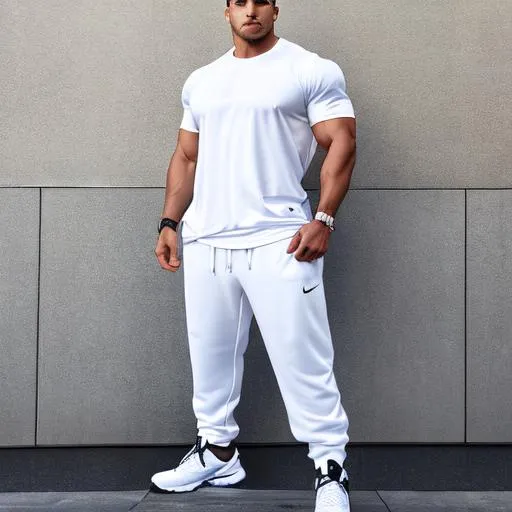 Prompt: Full body Digital image of The side  of a strong handsom man wearing  a white tee Nikes and jogging sweats  high resolution detailed long shot centered 