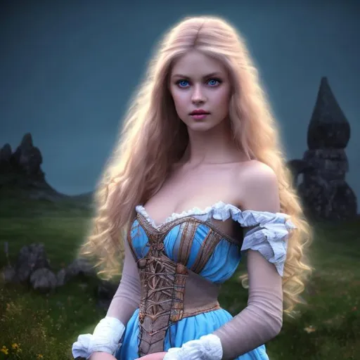 Prompt: HD 4k 3D professional modeling photo hyper realistic beautiful enchanting woman medieval welsh princess blonde hair fair skin blue eyes gorgeous face pink and white dress dark welsh dungeon magical night landscape hd background ethereal mystical mysterious beauty full body